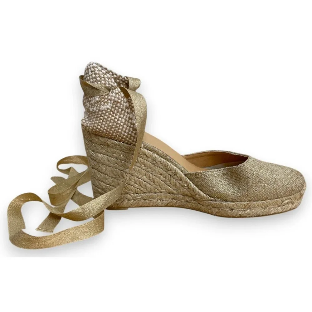 Castaner Carina Wedge Espadrilles Womens 38 7.5 Gold Wedges Sandals Lace Up New